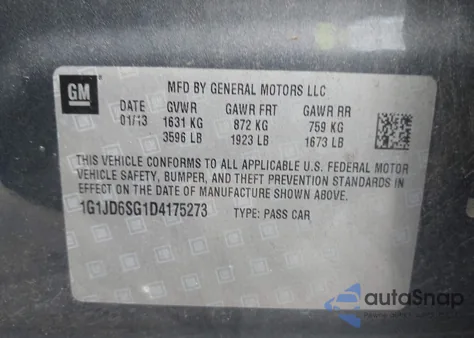 2013 Chevrolet Sonic Lt Manual из США, поврежденный, VIN 1G1JD6SG1D4175273